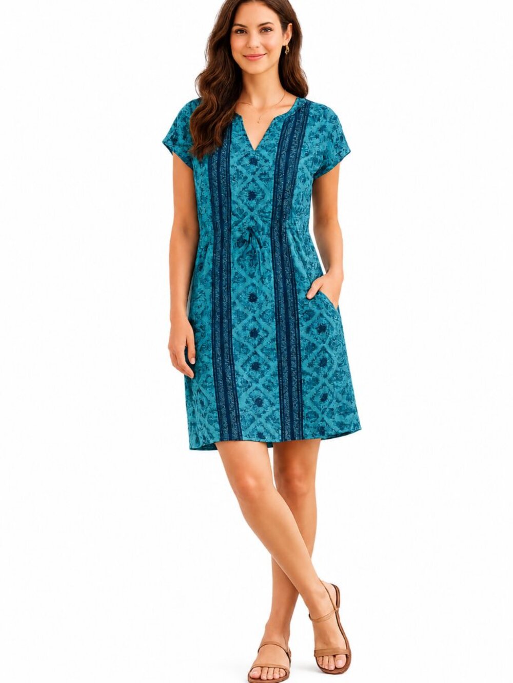 Peppermint Turquoise Print Dress Sz L Sleeveless V-Neck Lightweight Summer